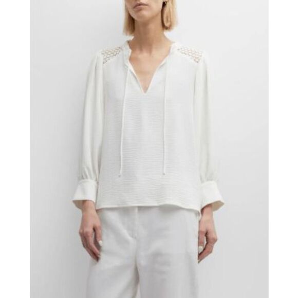 Brochu Walker Tops - Brochu Walker Tereza Blouson Sleeve Lace Shoulder Inset Crepe Blouse Tie Neck XS